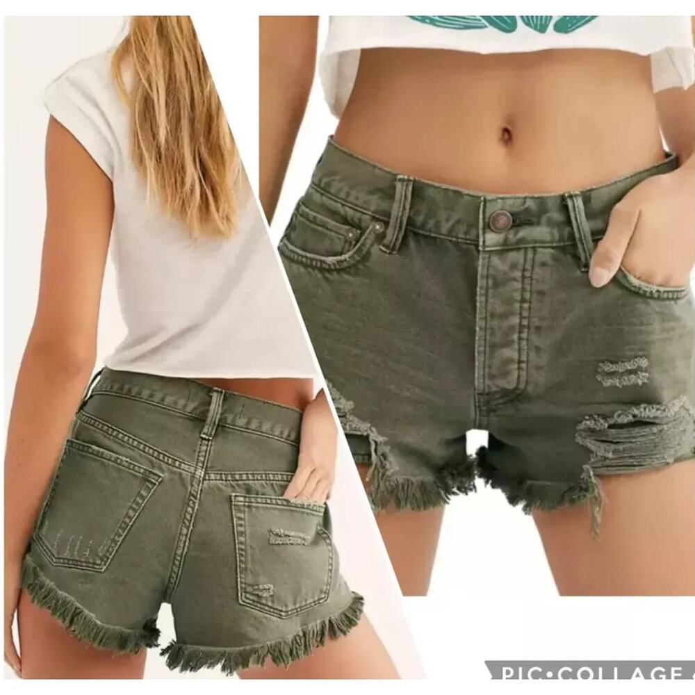 Free People Shorts Denim Diatressed Cutoff Button Fly Olive Green 31